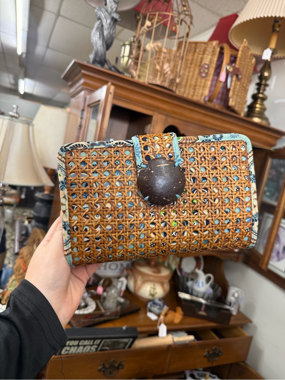 Woven Vera Bradley Rattan Clutch Wallet in Natural Brown with Paisley Trim